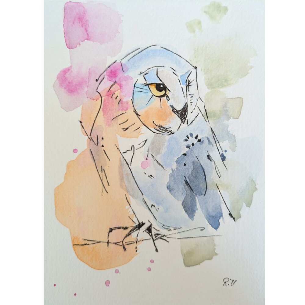 Original Owl Portrait on Watercolor Paper Wall Art Decor